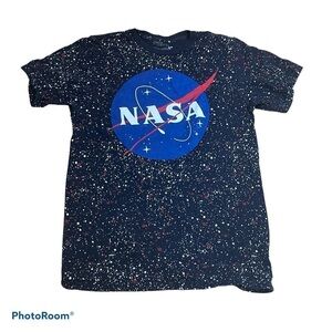 Buzz Aldrin NASA Blue Paint Splatter Graphic T-Shirt Men’s Small Space Logo Tee